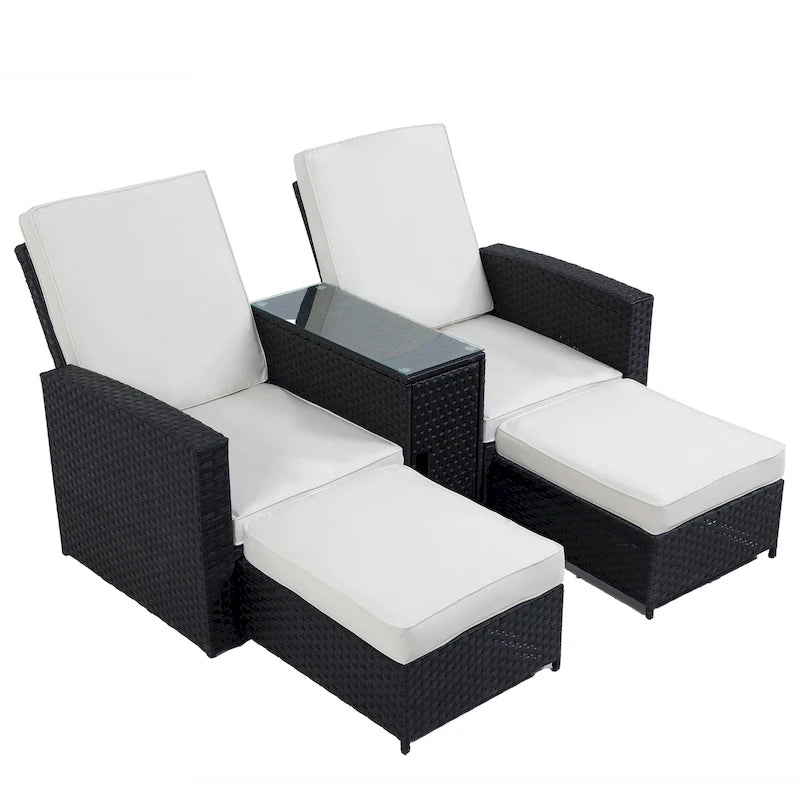 Chaise longue de jardin en rotin 5 pièces, dossier réglable, avec coussins blancs - 83*56