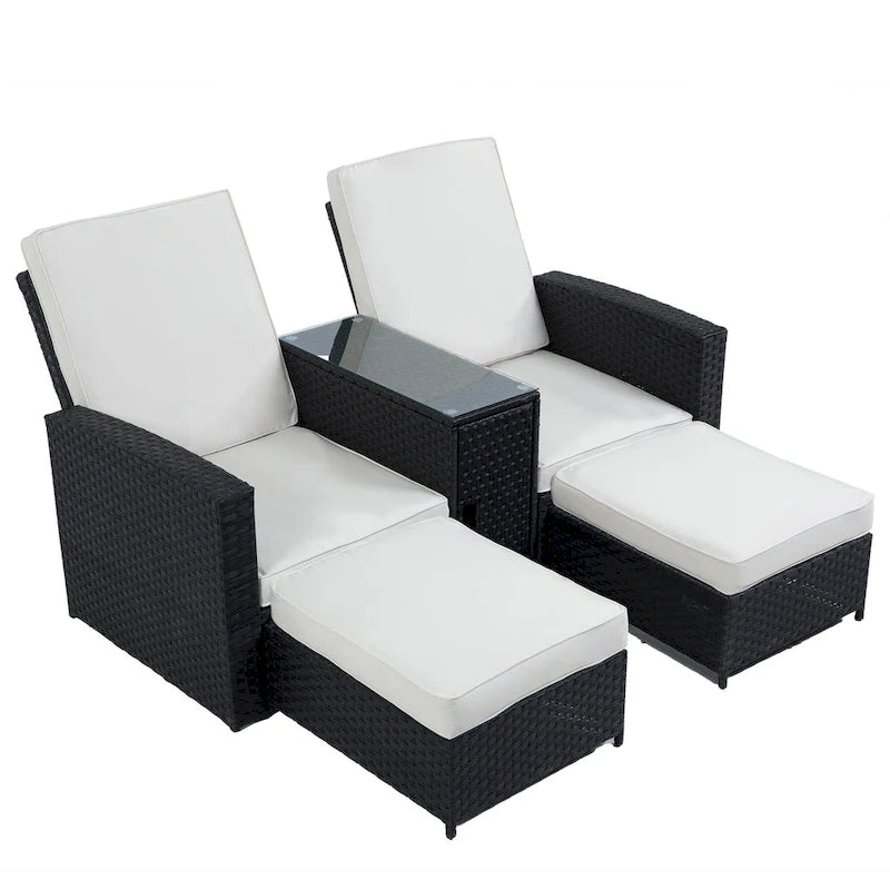 Chaise longue de jardin en rotin 5 pièces, dossier réglable, avec coussins blancs - 83*56