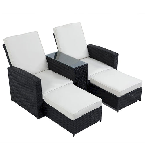 Chaise longue de jardin en rotin 5 pièces, dossier réglable, avec coussins blancs - 83*56