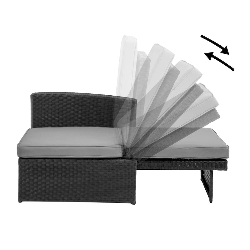 Chaise longue de jardin en rotin 5 pièces, dossier réglable, avec coussins blancs - 83*56
