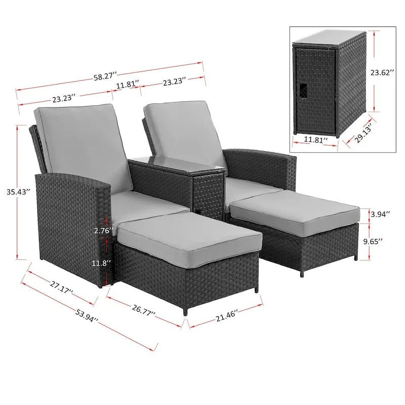 Chaise longue de jardin en rotin 5 pièces, dossier réglable, avec coussins blancs - 83*56