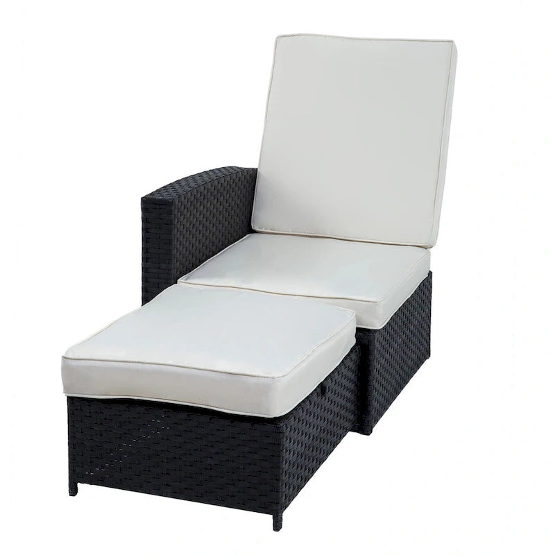 Chaise longue de jardin en rotin 5 pièces, dossier réglable, avec coussins blancs - 83*56