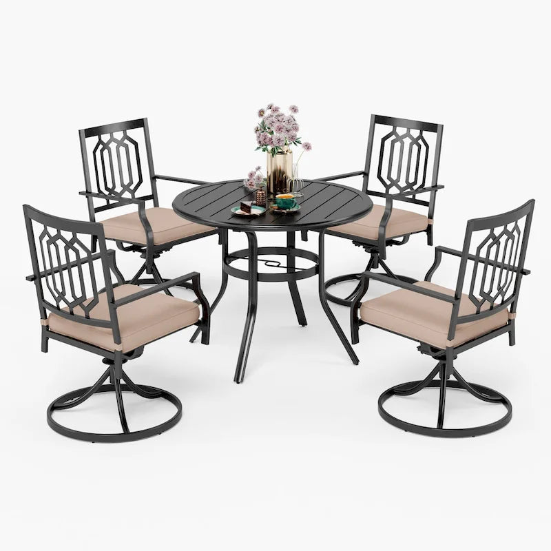 MAISON ARTS Ensemble de salle à manger de patio en métal 5 pièces, 4 chaises pivotantes avec accoudoirs et coussin et table ronde de 96 cm avec trou de parasol de 4 cm