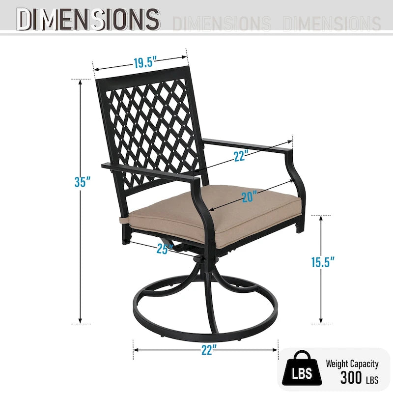 MAISON ARTS Table rectangulaire en métal et 6 chaises pivotantes avec coussin, ensembles de salle à manger d'extérieur en métal 7 pièces