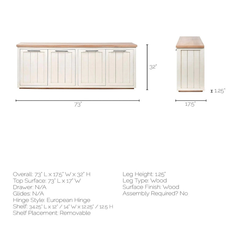 Buffet Fairview III en bois massif brun clair et blanc avec 4 portes - 73L x 17P x 32H