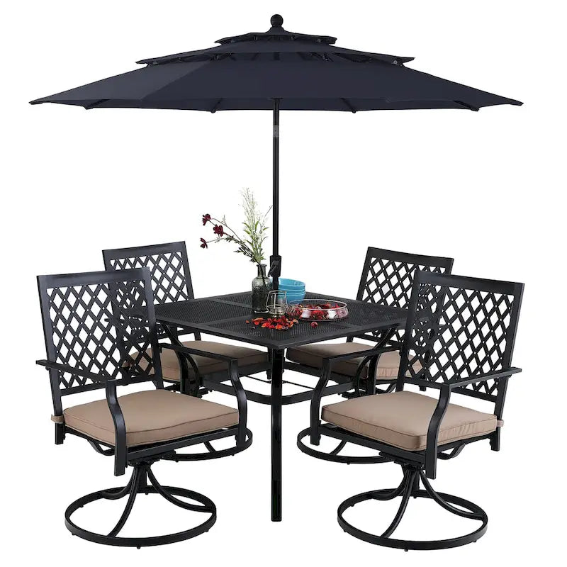 Ensemble de salle à manger d'extérieur en métal 6 pièces MAISON ARTS : 4 chaises pivotantes, 1 table carrée à cadre en acier de 94 cm et 1 parasol rouge à 3 niveaux de 3 m.