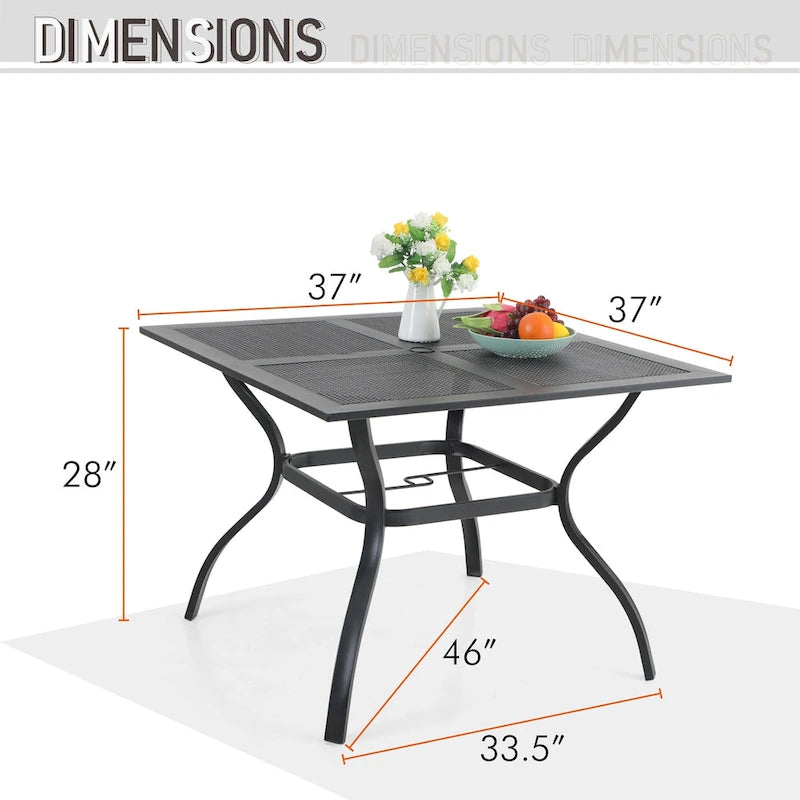 Ensemble de salle à manger d'extérieur en métal 6 pièces MAISON ARTS : 4 chaises pivotantes, 1 table carrée à cadre en acier de 94 cm et 1 parasol rouge à 3 niveaux de 3 m.