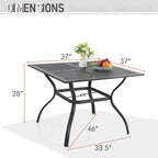 Ensemble de salle à manger d'extérieur en métal 6 pièces MAISON ARTS : 4 chaises pivotantes, 1 table carrée à cadre en acier de 94 cm et 1 parasol rouge à 3 niveaux de 3 m.