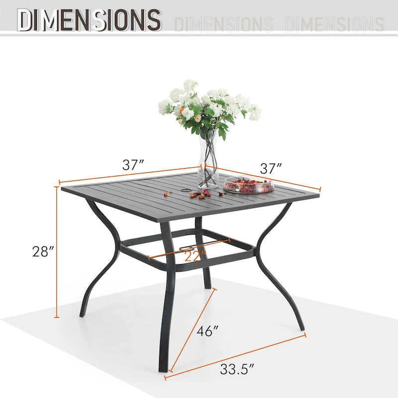 Ensemble de salle à manger d'extérieur en métal 6 pièces MAISON ARTS : 4 chaises pivotantes, 1 table carrée à cadre en acier de 94 cm et 1 parasol rouge à 3 niveaux de 3 m.