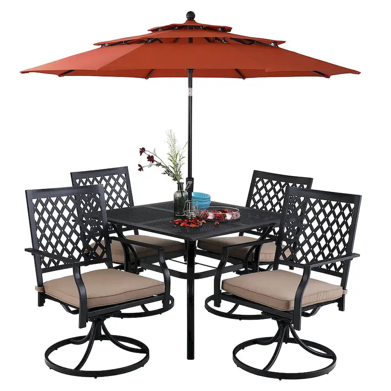 Ensemble de salle à manger d'extérieur en métal 6 pièces MAISON ARTS : 4 chaises pivotantes, 1 table carrée à cadre en acier de 94 cm et 1 parasol rouge à 3 niveaux de 3 m.