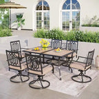 MAISON ARTS Ensemble de salle à manger de patio 7 pièces, 1 table rectangulaire imitation bois avec trou pour parasol et 6 chaises pivotantes en métal