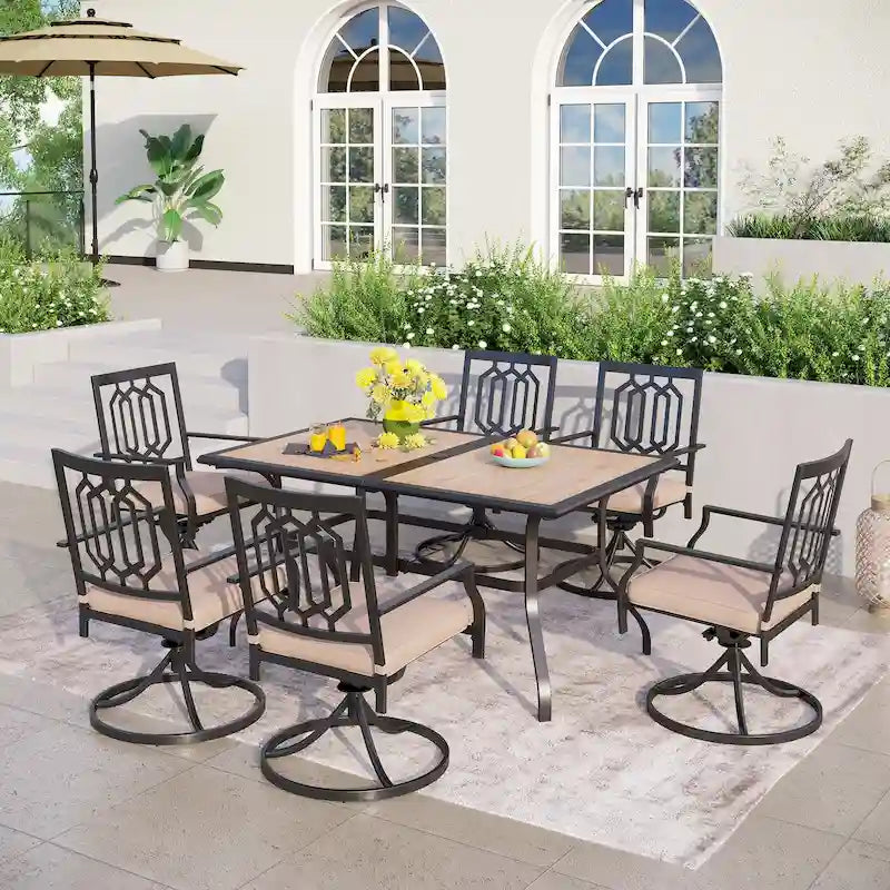 MAISON ARTS Ensemble de salle à manger de patio 7 pièces, 1 table rectangulaire imitation bois avec trou pour parasol et 6 chaises pivotantes en métal