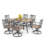 MAISON ARTS Ensemble de salle à manger de patio 7 pièces, 1 table rectangulaire imitation bois avec trou pour parasol et 6 chaises pivotantes en métal
