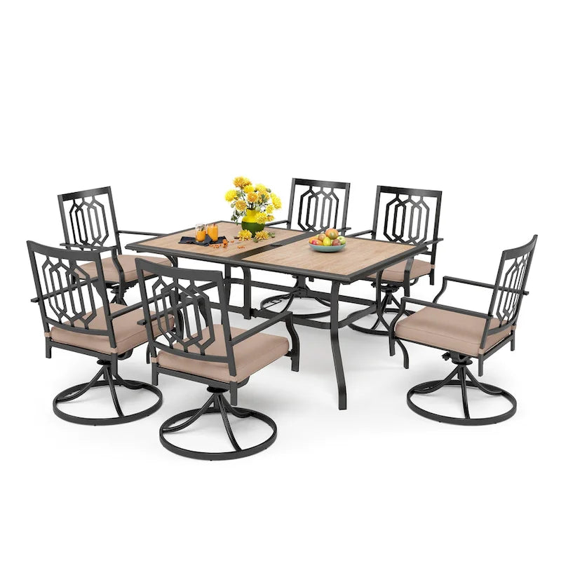 MAISON ARTS Ensemble de salle à manger de patio 7 pièces, 1 table rectangulaire imitation bois avec trou pour parasol et 6 chaises pivotantes en métal
