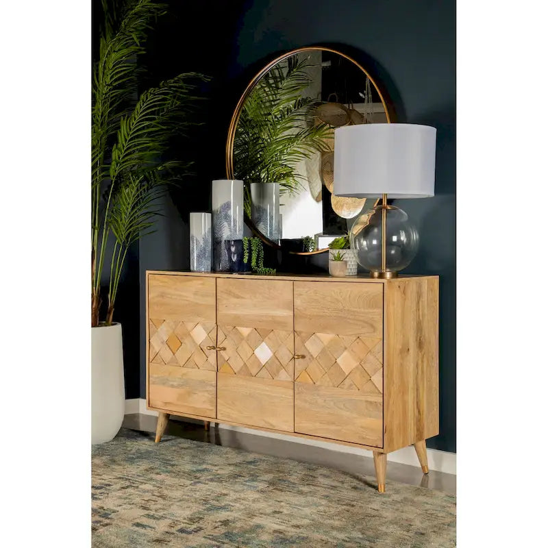 Natural Checkered Pattern 3-door Accent Cabinet