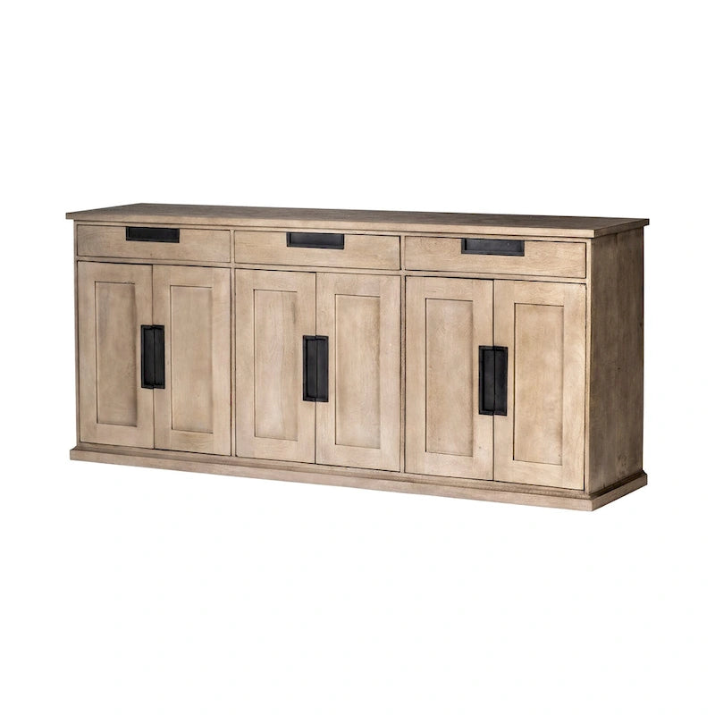 Bahut Braxton III en bois massif brun naturel à 3 tiroirs et 6 portes - 81,5W x 18,5P x 36,0H