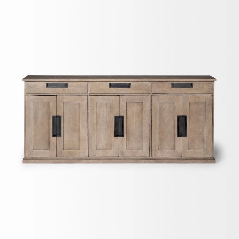 Bahut Braxton III en bois massif brun naturel à 3 tiroirs et 6 portes - 81,5W x 18,5P x 36,0H