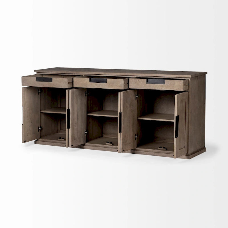 Bahut Braxton III en bois massif brun naturel à 3 tiroirs et 6 portes - 81,5W x 18,5P x 36,0H