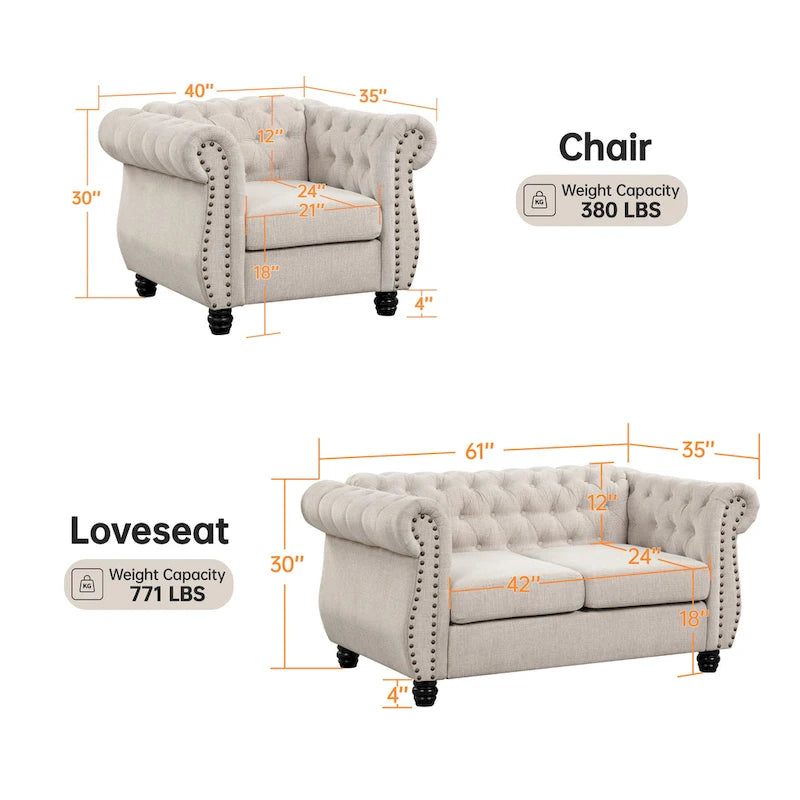 Ensemble 2 pièces Chesterfield Morden Fort : Fauteuil et Causeuse rembourrés capitonnés