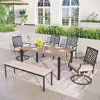 MAISON ARTS Ensemble de salle à manger de patio 6 pièces avec 1 table rectangulaire couleur teck, 2 chaises pivotantes, 2 chaises empilables et 1 banc