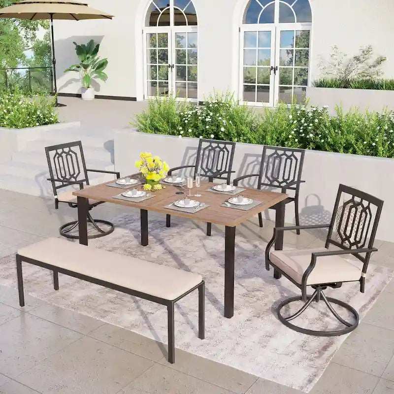MAISON ARTS Ensemble de salle à manger de patio 6 pièces avec 1 table rectangulaire couleur teck, 2 chaises pivotantes, 2 chaises empilables et 1 banc