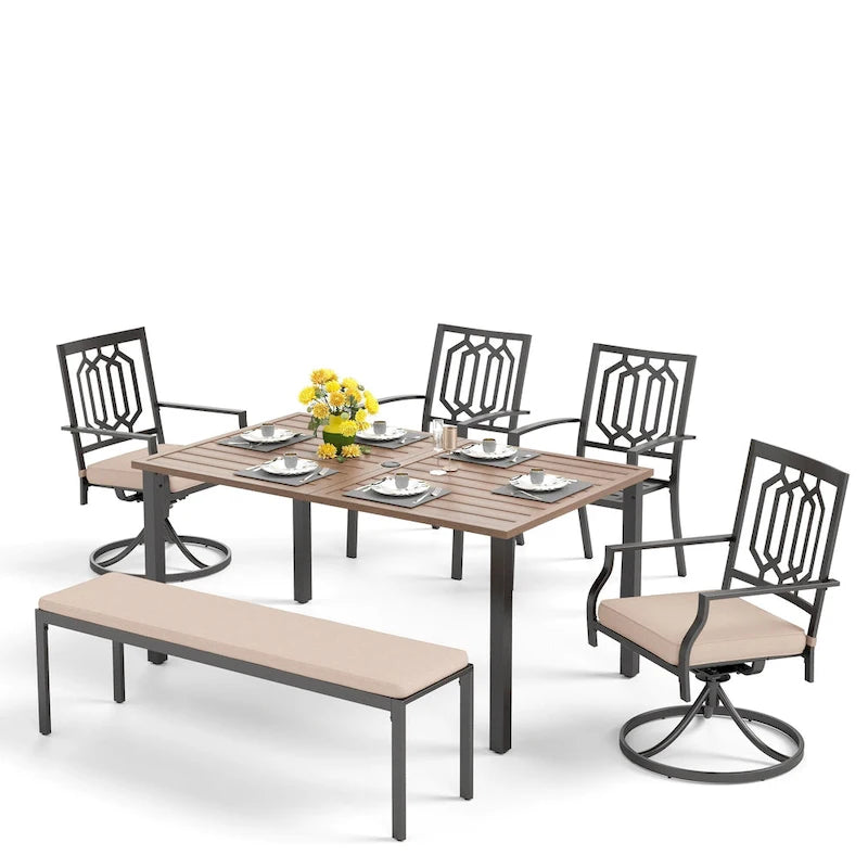 MAISON ARTS Ensemble de salle à manger de patio 6 pièces avec 1 table rectangulaire couleur teck, 2 chaises pivotantes, 2 chaises empilables et 1 banc