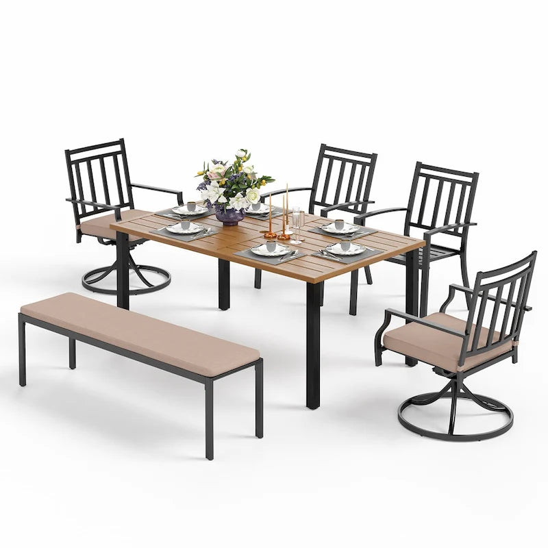 MAISON ARTS Ensemble de salle à manger de patio 6 pièces avec 1 table rectangulaire couleur teck, 2 chaises pivotantes, 2 chaises empilables et 1 banc