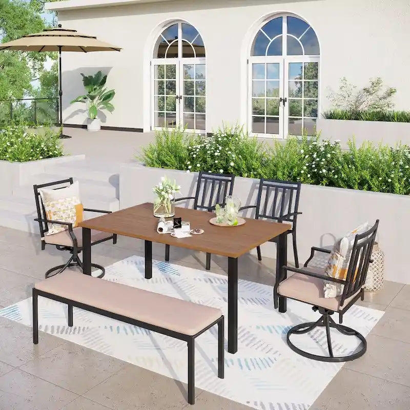 MAISON ARTS Ensemble de salle à manger de patio 6 pièces avec 1 table rectangulaire couleur teck, 2 chaises pivotantes, 2 chaises empilables et 1 banc