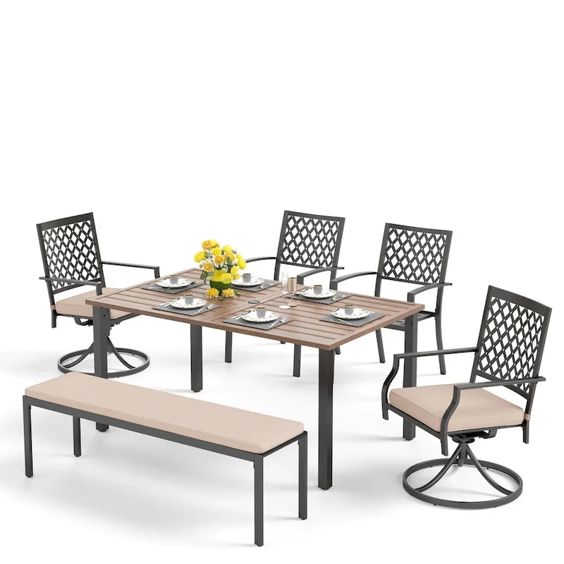 MAISON ARTS Ensemble de salle à manger de patio 6 pièces avec 1 table rectangulaire couleur teck, 2 chaises pivotantes, 2 chaises empilables et 1 banc