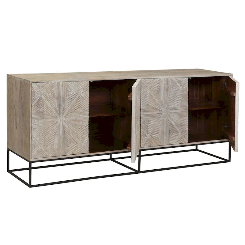 Buffet Zion 84 en bois de manguier sculpté 4 portes avec piètement en fer