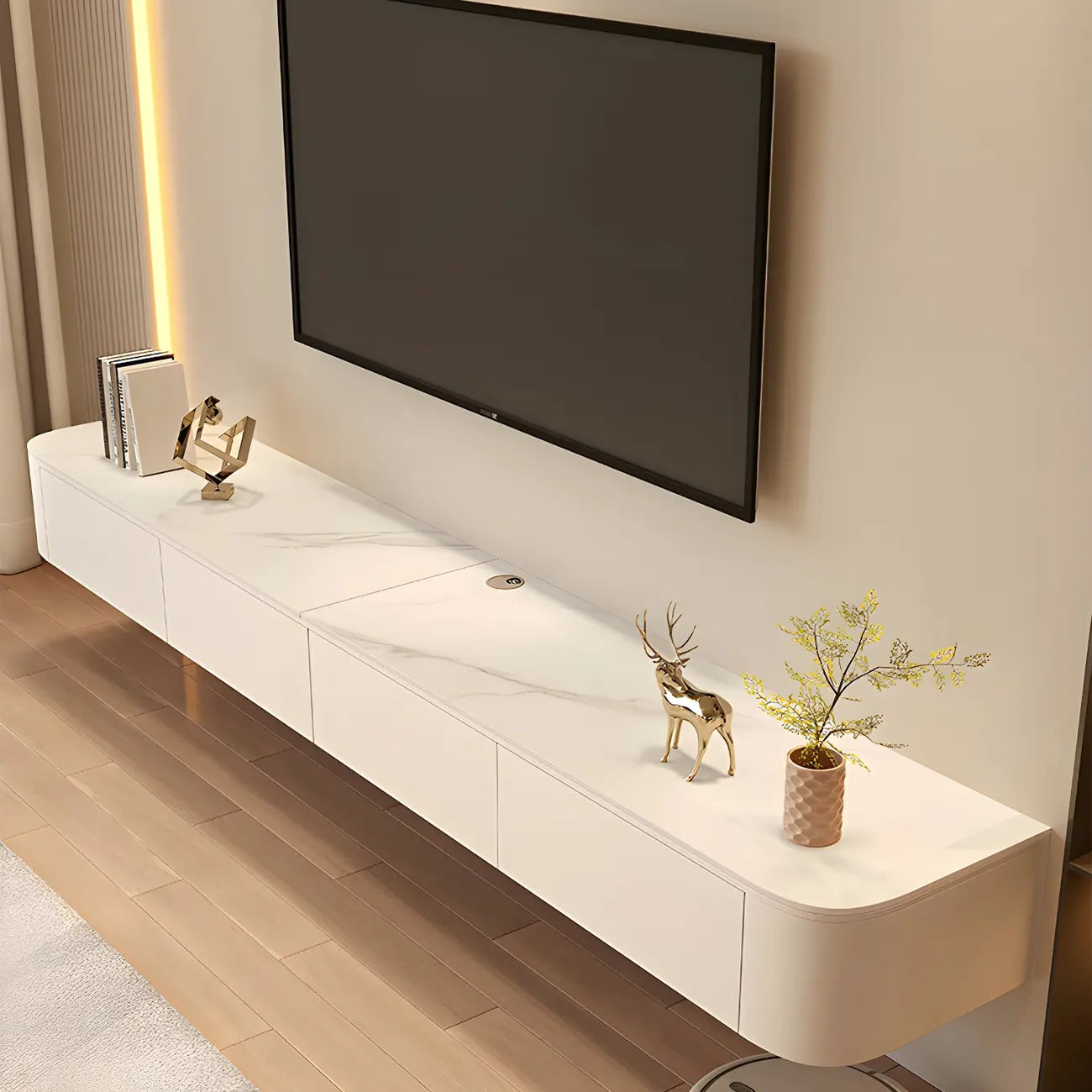 Meuble TV mural flottant moderne en pierre avec rangement, blanc