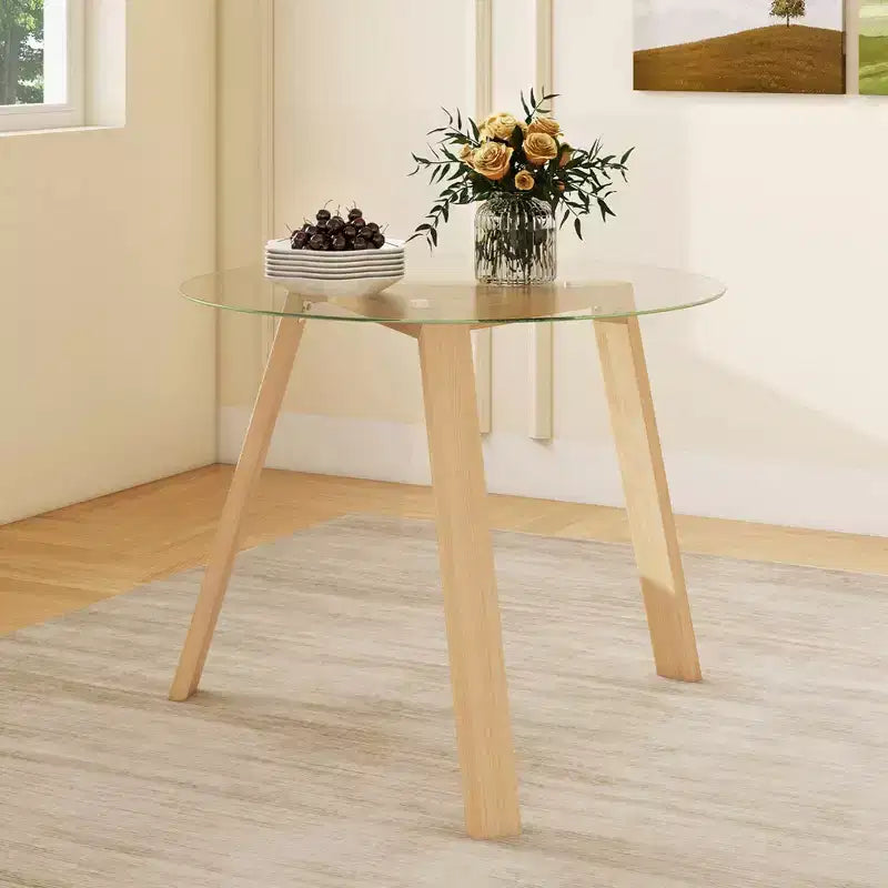 Costway Table à manger ronde en verre 36" pour 4 avec plateau en verre trempé et cadre en bois d'hévéa naturel/noir
