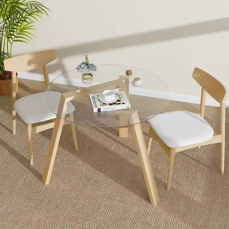 Costway Table à manger ronde en verre 36" pour 4 avec plateau en verre trempé et cadre en bois d'hévéa naturel/noir