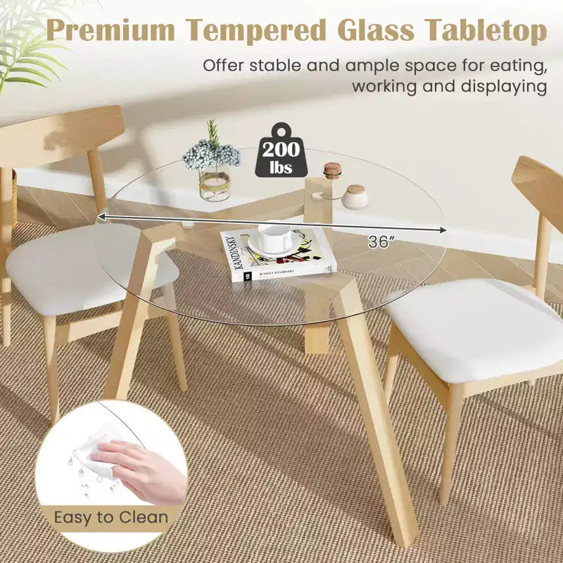 Costway Table à manger ronde en verre 36" pour 4 avec plateau en verre trempé et cadre en bois d'hévéa naturel/noir