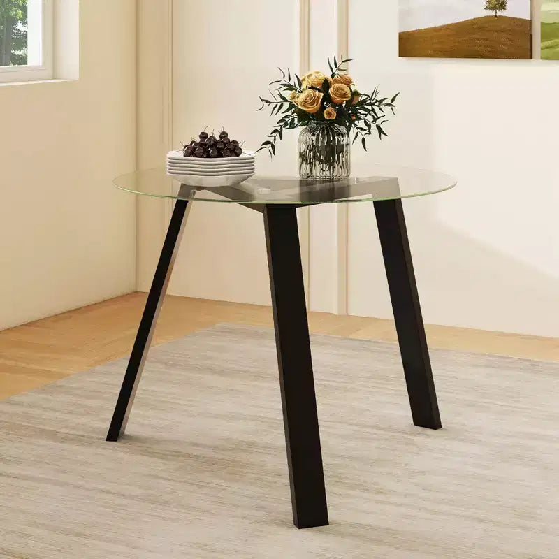 Costway Table à manger ronde en verre 36" pour 4 avec plateau en verre trempé et cadre en bois d'hévéa naturel/noir