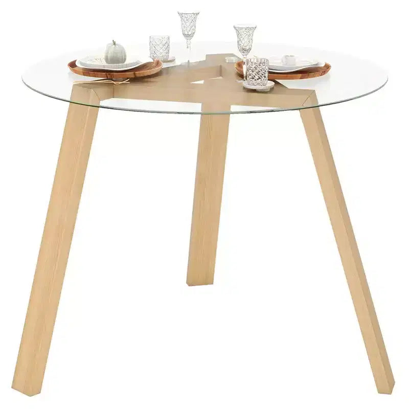 Costway Table à manger ronde en verre 36" pour 4 avec plateau en verre trempé et cadre en bois d'hévéa naturel/noir