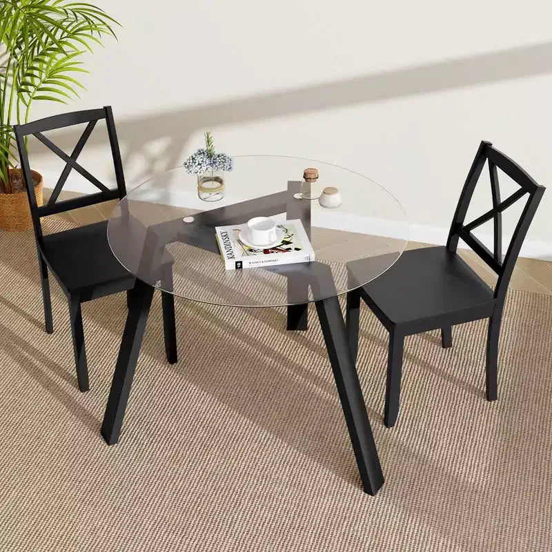 Costway Table à manger ronde en verre 36" pour 4 avec plateau en verre trempé et cadre en bois d'hévéa naturel/noir