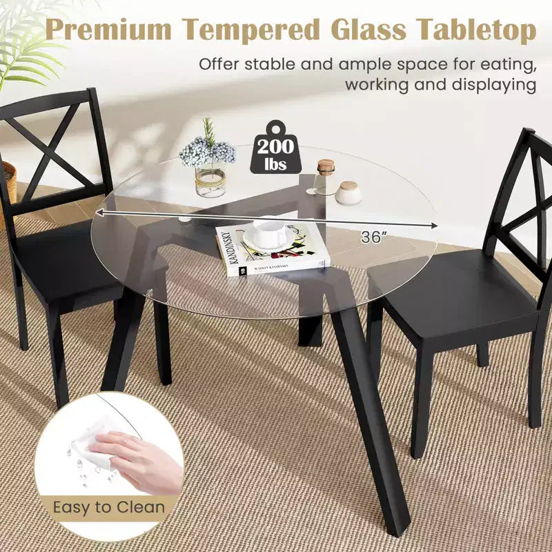 Costway Table à manger ronde en verre 36" pour 4 avec plateau en verre trempé et cadre en bois d'hévéa naturel/noir