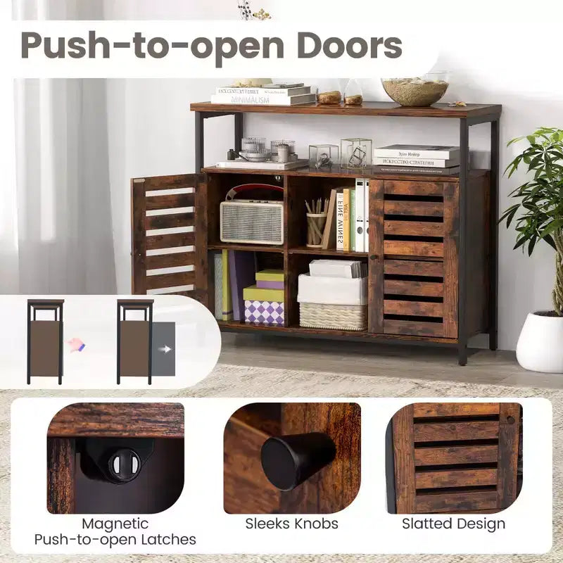 Meuble de rangement Costway : Buffet industriel avec porte à lattes à ouverture par simple pression