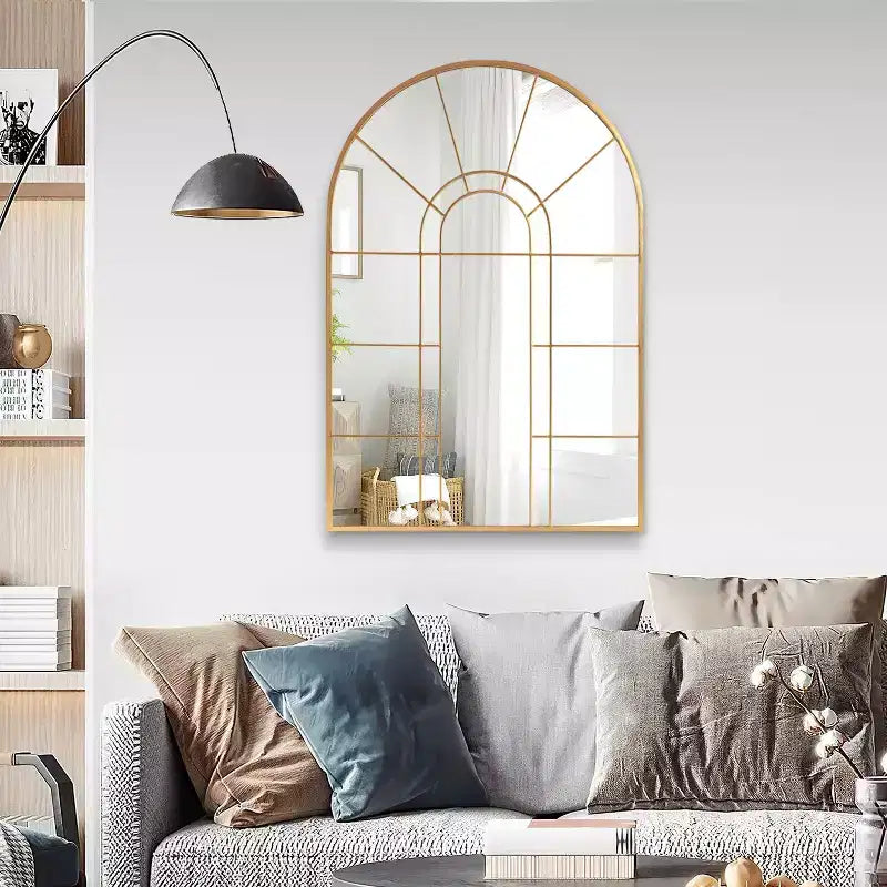 Miroir mural décoratif Dovelina 41L x 28l en forme de fenêtre arquée avec cadre en métal pour salon, entrée, chambre à coucher Noir/Doré