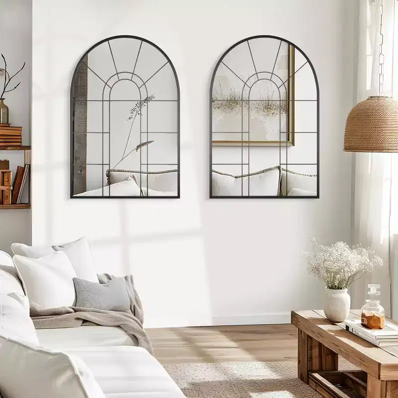Miroir mural décoratif Dovelina 41L x 28l en forme de fenêtre arquée avec cadre en métal pour salon, entrée, chambre à coucher Noir/Doré