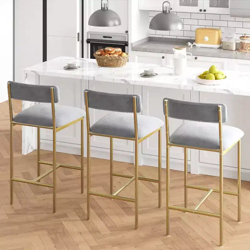 Lot de 2 tabourets de bar, tabourets de bar de cuisine avec repose-pieds, tabourets de bar hauteur comptoir en velours, chaises de bar pour îlot de cuisine, comptoir, gris-doré