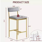 Lot de 2 tabourets de bar, tabourets de bar de cuisine avec repose-pieds, tabourets de bar hauteur comptoir en velours, chaises de bar pour îlot de cuisine, comptoir, gris-doré