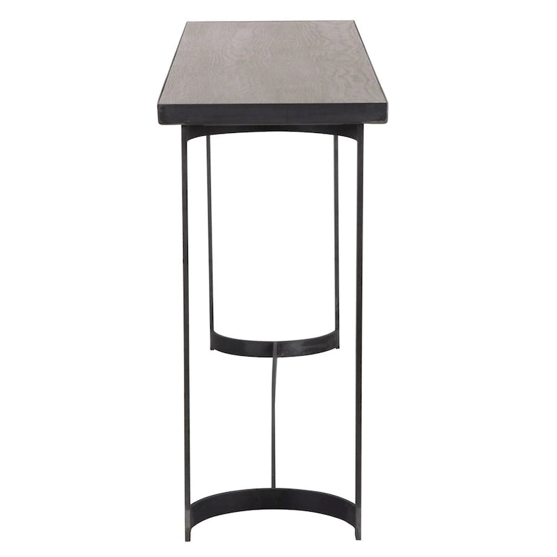 Console de style pavillon Uttermost Basuto 62 avec plateau en placage de chêne et fer forgé