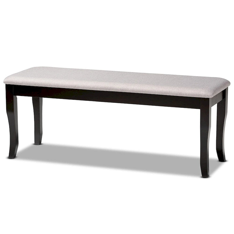 Banc de salle à manger en tissu d'ameublement de transition, moderne et contemporain, avec finition en bois brun foncé