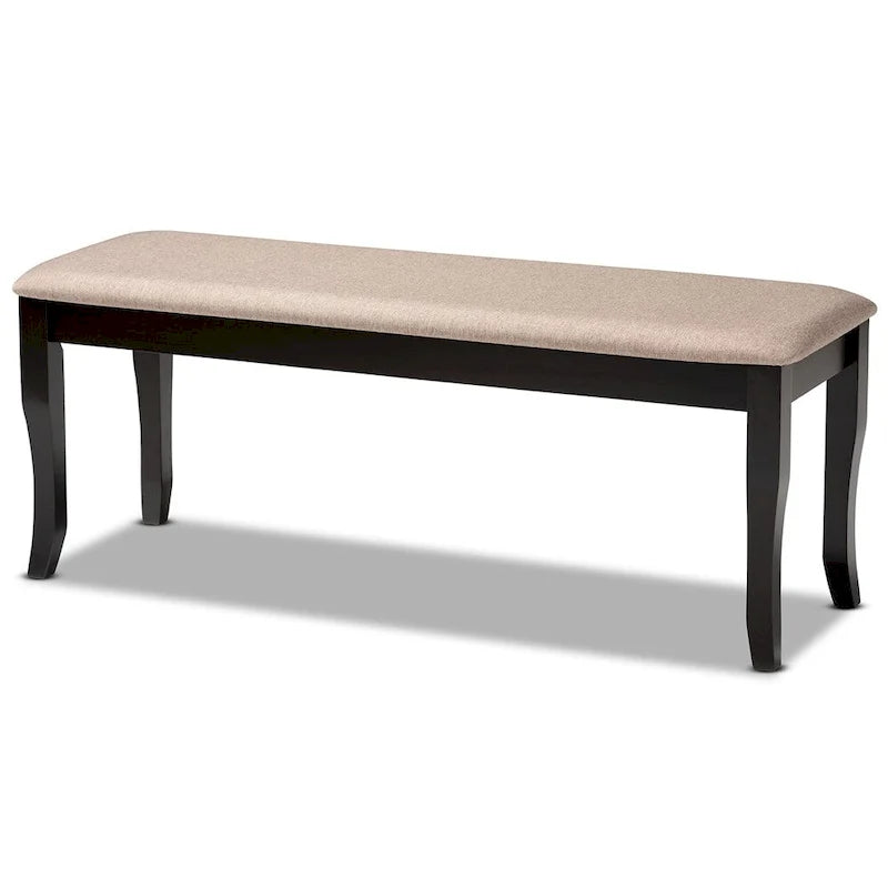 Banc de salle à manger en tissu d'ameublement de transition, moderne et contemporain, avec finition en bois brun foncé