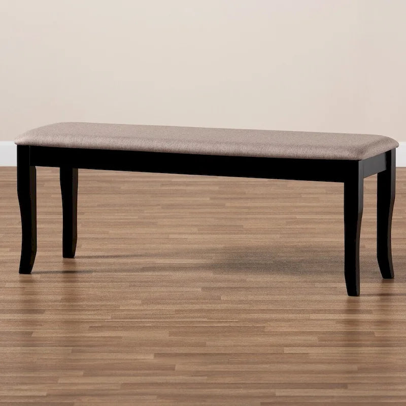 Banc de salle à manger en tissu d'ameublement de transition, moderne et contemporain, avec finition en bois brun foncé