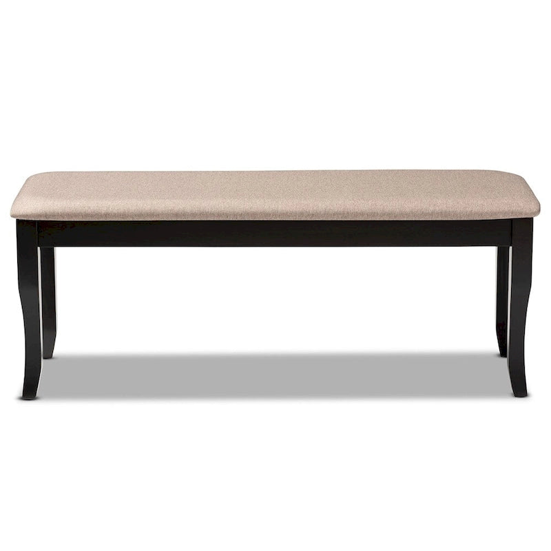 Banc de salle à manger en tissu d'ameublement de transition, moderne et contemporain, avec finition en bois brun foncé