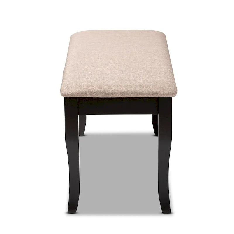 Banc de salle à manger en tissu d'ameublement de transition, moderne et contemporain, avec finition en bois brun foncé