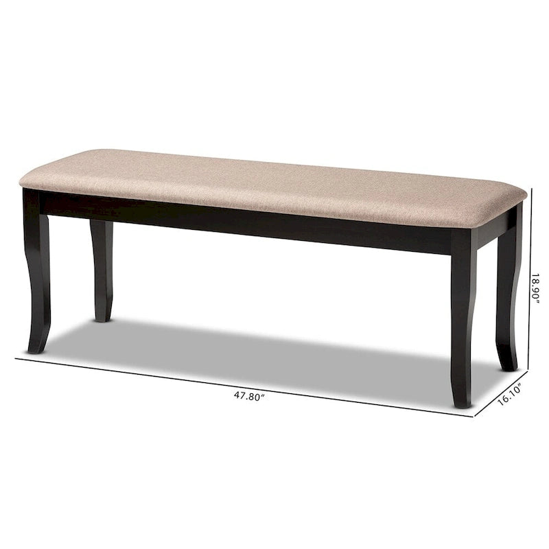 Banc de salle à manger en tissu d'ameublement de transition, moderne et contemporain, avec finition en bois brun foncé